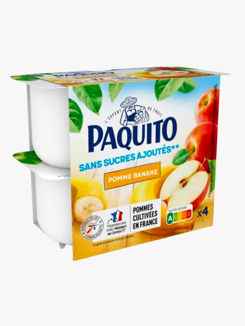 Purê de Frutas em Pote, Sem Açúcar Adicionado, Maçã e Banana (4x100g) - Paquito
