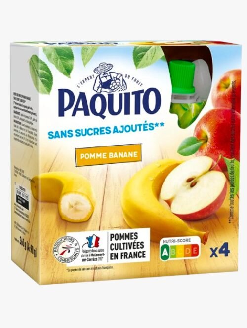 Purê de Frutas em Sachê, Sem Açúcar Adicionado, Maçã e Banana – 4x90g PAQUITO