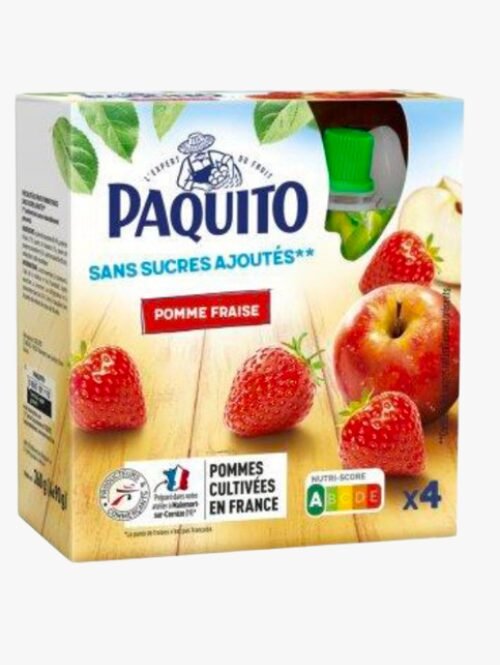 Purê de Frutas em Sachê, Sem Açúcar Adicionado, Maçã e Morango – 4x90g PAQUITO